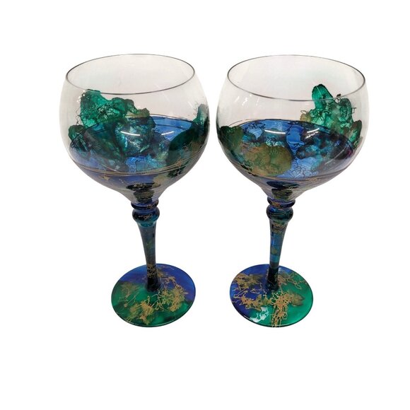 Monarch Crystal Lagoon Set 2 Hand Paint Wine Glasses Blue Green Gold Paint Loss - Picture 2 of 7